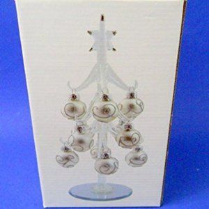 New Glass Christmas Tree Silver Glitter Removable Ornaments Boxed Mirror Base